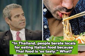 Side-by-side images: left, a man in a suit speaking; right, a person eating noodles. Text discusses food preferences in Thailand