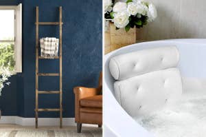 Split image showing a wooden ladder towel rack in a room and a close-up of a bath pillow in a tub