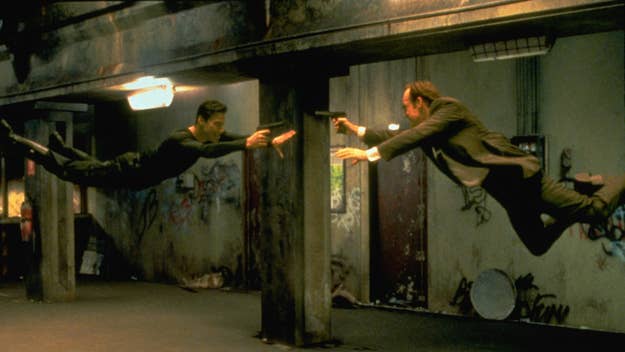 Two men in a gravity-defying action scene from The Matrix