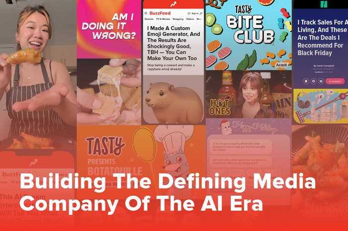Montage of various media screenshots, graphics, and logos related to a media company&#x27;s digital presence. Text overlay: &quot;Building The Defining Media Company Of The AI Era.&quot;