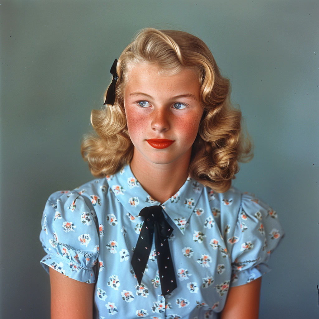 Vintage portrait of a young woman with blond curls, wearing a floral dress with a bow tie