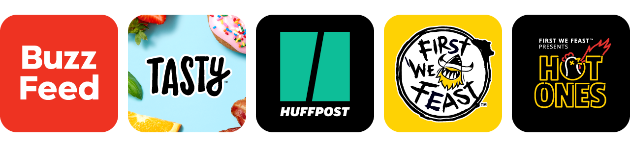 Collage of logos: BuzzFeed, Tasty, HuffPost, and Hot Ones