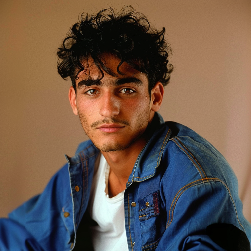 A young man with curly hair wearing a denim jacket posing for the camera