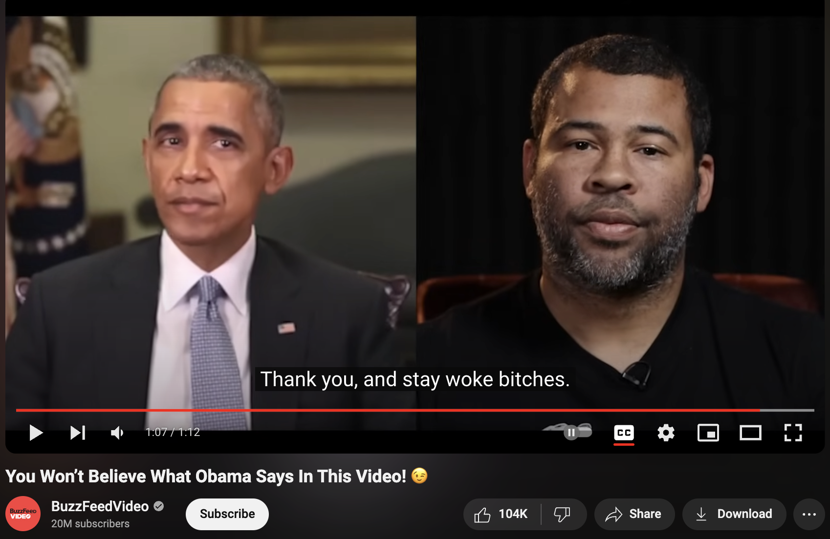 Split screen video with Barack Obama on the left and Jordan Peele on the right, and a caption below Obama