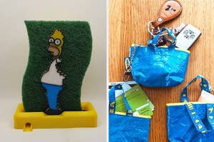 on left: Bart Simpson-inspired sponge holder, on right: Ikea bag-shaped keychains