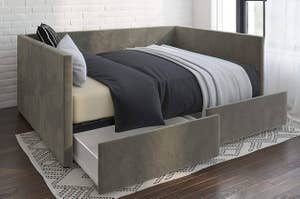 velvet bed frame with two pullout storage drawers