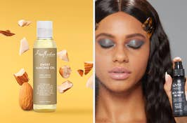 Woman holding NYX setting spray, focus on product for shopping with inclusive beauty theme