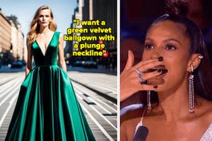 An AI-created green velvet ballgown next to Alesha Dixon covering her mouth in surprise
