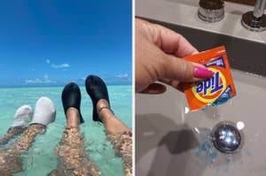 to the left: water shoes, to the right: a tide laundry packet