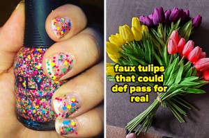 Hand with confetti nail polish; artificial tulips that look realistic