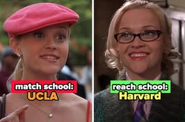 Elle Woods's match school is UCLA, and her reach school is Harvard