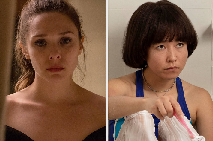 Split image: left, a woman with her hair pulled back; right, woman with a bob haircut, holding a plastic bag