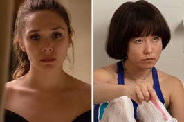 Split image: left, a woman with her hair pulled back; right, woman with a bob haircut, holding a plastic bag