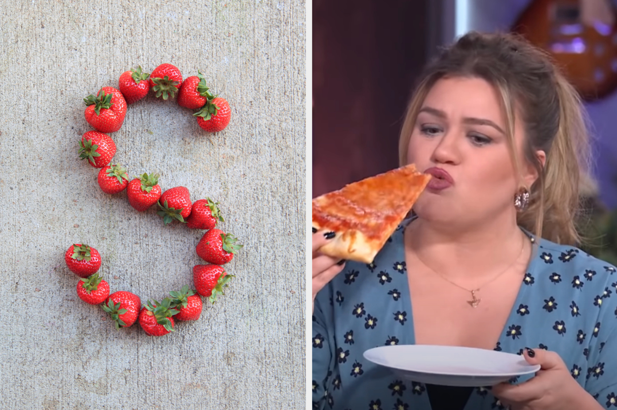 On the left, strawberries arranged in the shape of letter, and on the right, Kelly Clarkson eating a slice of cheese pizza