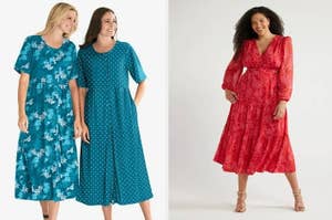 Two models displaying floral knee-length dresses with mid-length sleeves, ideal for a casual shopping guide