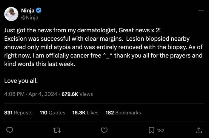 Tweet by Ninja expressing gratitude after a successful dermatology treatment, revealing he is cancer-free and thanking for support