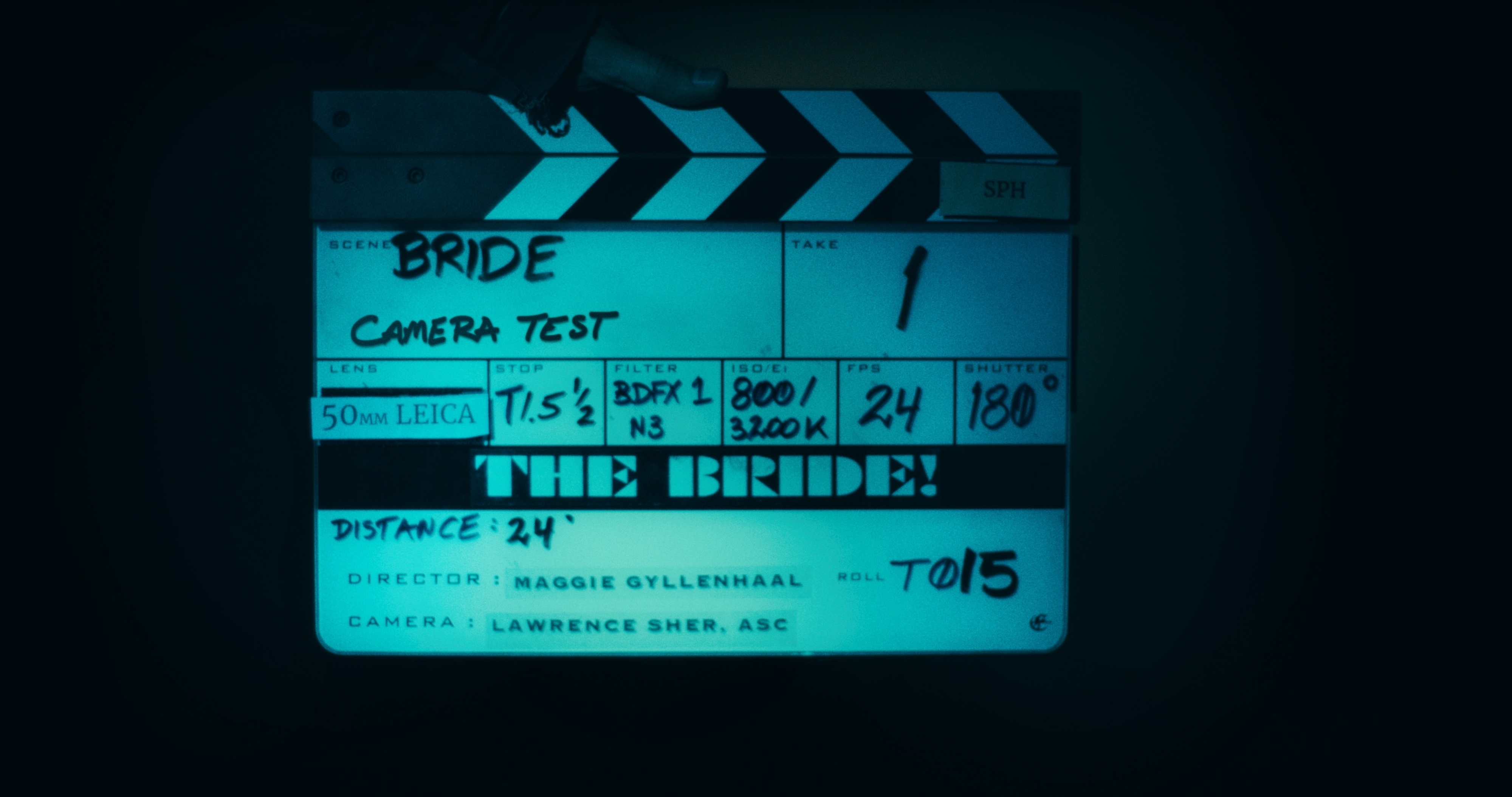 A clapperboard for a film titled &quot;The Bride&quot; with Maggie Gyllenhaal listed as the director