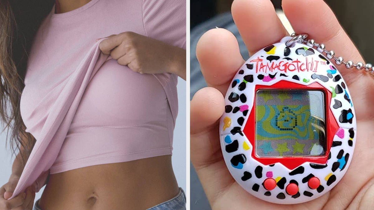 shirt with built-in bra; hand holding a tamagotchi