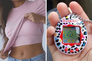 shirt with built-in bra; hand holding a tamagotchi