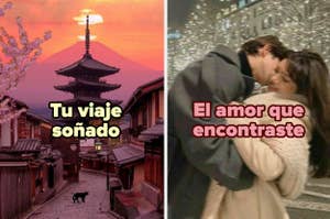Meme con dos paneles, izquierdo muestra un gato caminando en un pueblo oriental, y derecho, una pareja besándose