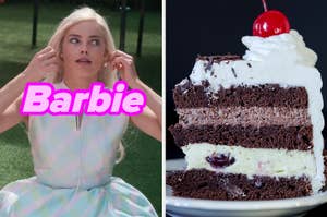 On the left, Margot Robbie contorting her face in pain as Barbie, and on the right, a slice of Black Forest cake