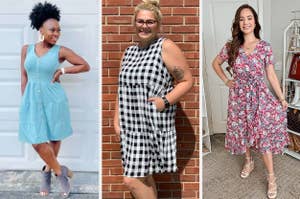 on the left a blue button-up tank dress, in the middle a black and white gingham mini dress, on the right a midi floral wrap dress