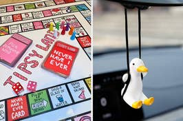 A board game with various cards and pawns, and a close-up of a car's rearview mirror with a hanging penguin ornament