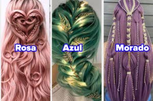 Tres estilos de peinados con trenzas elaboradas en tonos rosa, azul y morado, cada uno con texto de su color correspondiente