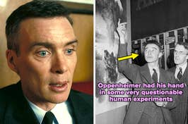 J. Robert Oppenheimer stands pointing at a bulletin board, accusation about human experiments written