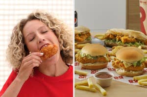 Woman enjoys a piece of fried chicken; ad image featuring multiple chicken sandwiches and fries on a table