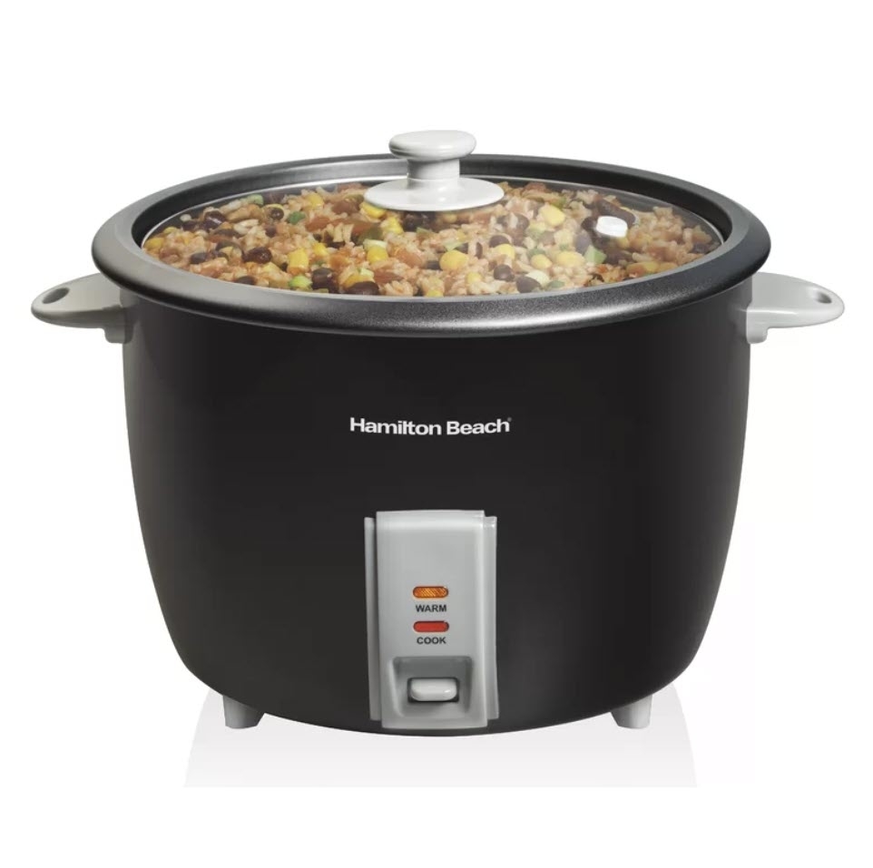 Hamilton Beach brand rice cooker filled with cooked rice