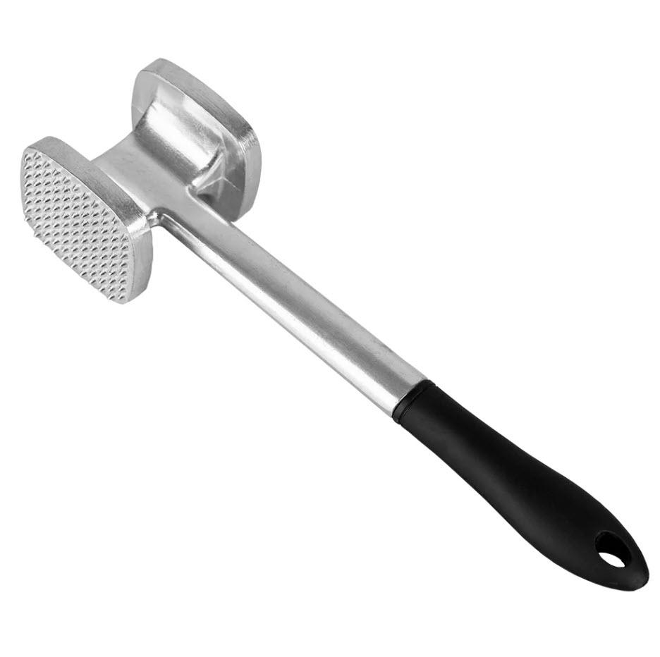 Metal meat tenderizer with a textured hammer head and black handle