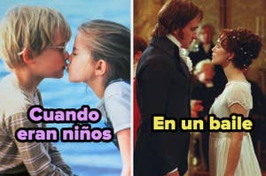 Comparación de dos escenas de películas: una de niños besándose y otra de adultos bailando, con texto "Cuando eran niños" y "En un baile"