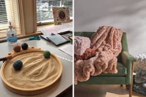 Left: A workspace with art supplies and a tablet. Right: A cozy blanket on a chair. Great for creative hobbies and home comfort