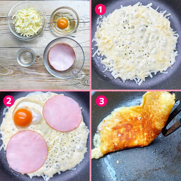 チーズとハムのオムレツ作り手順。卵、チーズ、ハムなどの材料あり。フライパンで調理中。