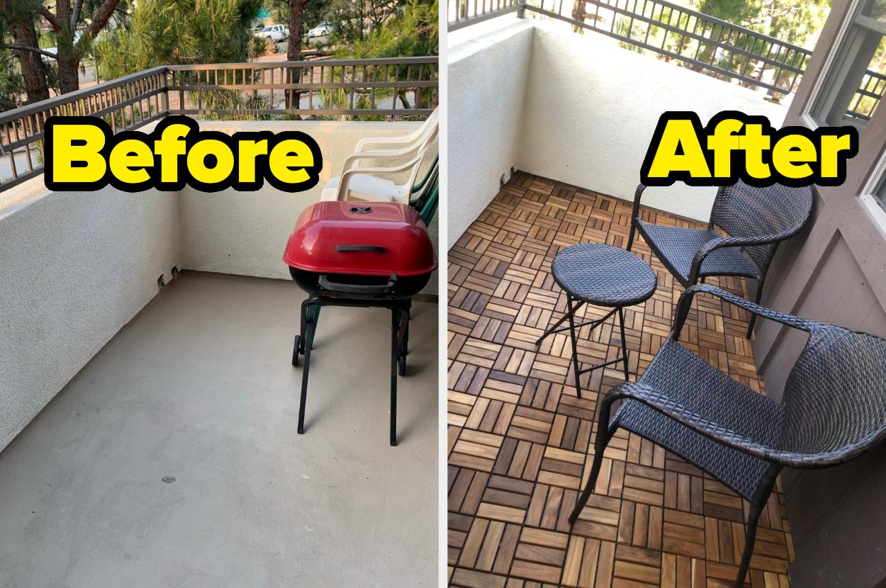 Before and after comparison of a balcony upgrade from a single grill to a cozy sitting area with a new floor and furniture