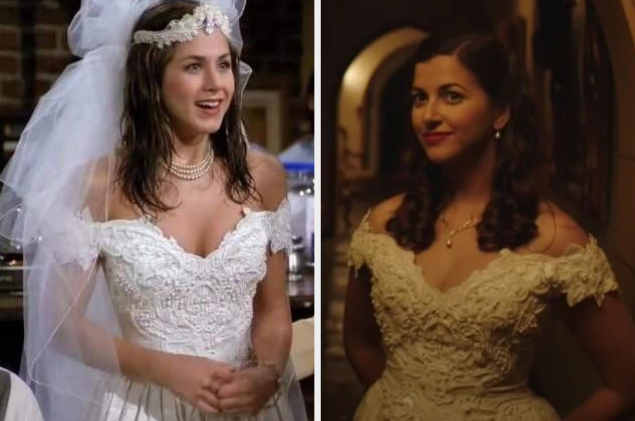 Two brides from TV shows, both in white wedding dresses with lace details