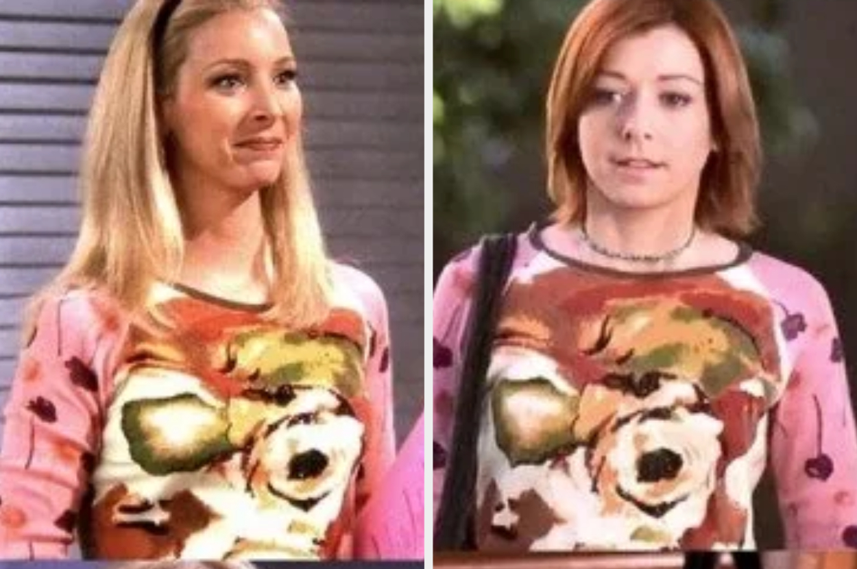 Split image of Phoebe and Rachel from Friends wearing the same cat face sweater