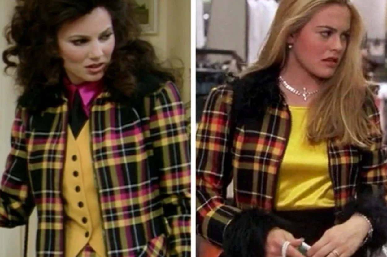 Two characters from &quot;Saved by the Bell&quot; series, Jessi Spano and Kelly Kapowski, in 90s fashion outfits. Jessi wears a plaid jacket, Kelly a plaid vest