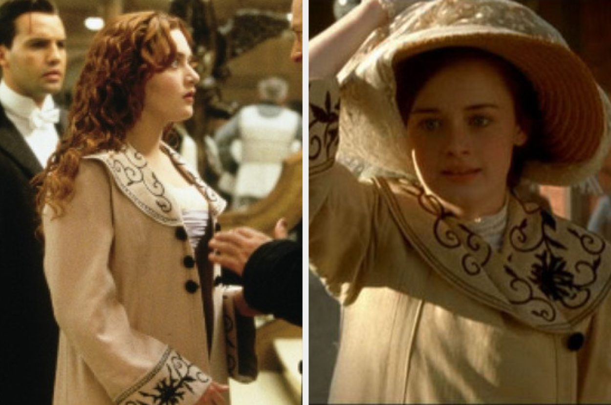 Split image of Jack and Rose from Titanic; left shows Jack in a suit, right shows Rose in a hat with floral detail
