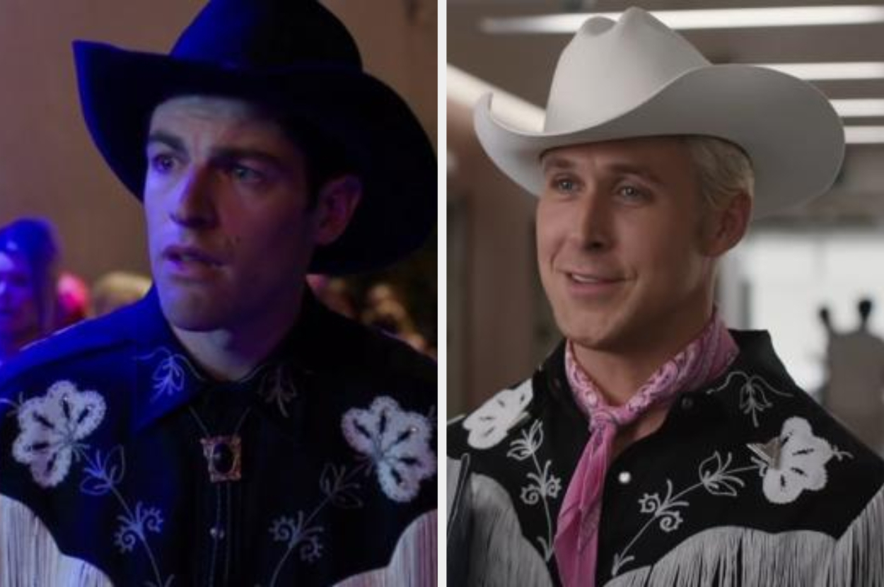 Two characters from a TV show wearing embellished cowboy attire