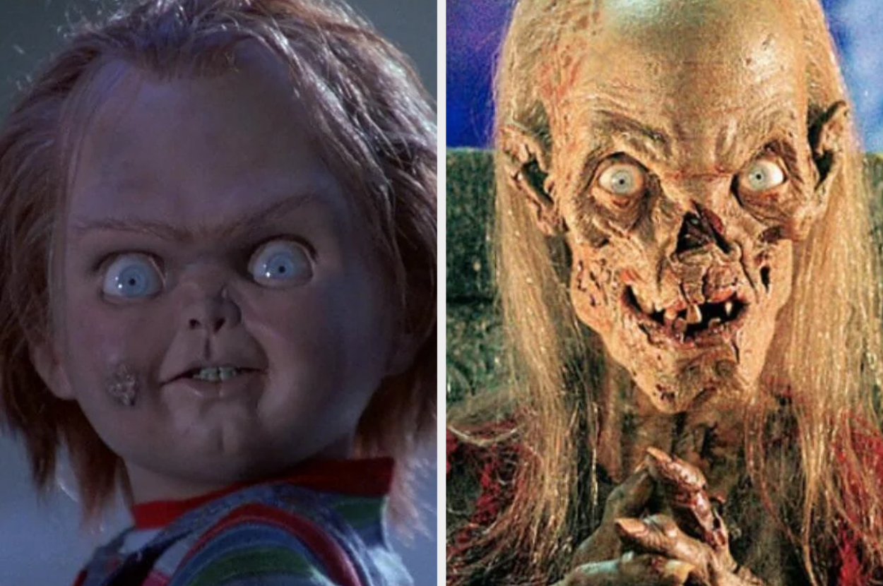 Side-by-side images of Chucky before and after transformation, from the Child&#x27;s Play film series