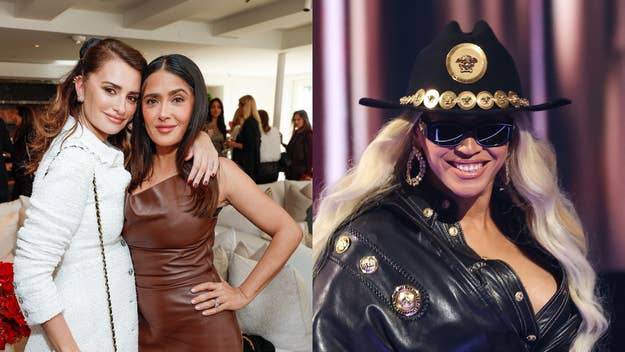 Two separate images: Left shows two women, one in a white tweed outfit and the other in a leather dress. Right shows a woman in a black outfit with a cowboy hat