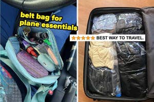 Two images: Left shows an open belt bag with travel items; Right displays a suitcase packed with clothes and the text "BEST WAY TO TRAVEL."