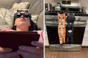 Person wearing prism spectacles; cat-shaped towels on oven handle