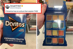 Tweet criticizing cultural absence with a photo of a Doritos-themed eyeshadow palette in a store
