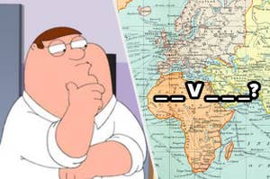 Peter Griffin from Family Guy appears to be contemplating a map of Africa with a quiz-like question mark on it