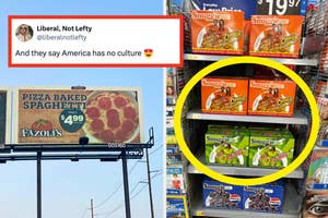Tweet about American culture with a billboard advertising pizza baked spaghetti and store shelves with Cheetos-flavored popcorn