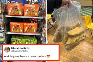 Split image: left shows a shelf with Cheetos, right a hand holding a bag of cookies; with tweet overlay