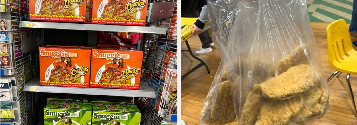 Split image: left shows a shelf with Cheetos, right a hand holding a bag of cookies; with tweet overlay